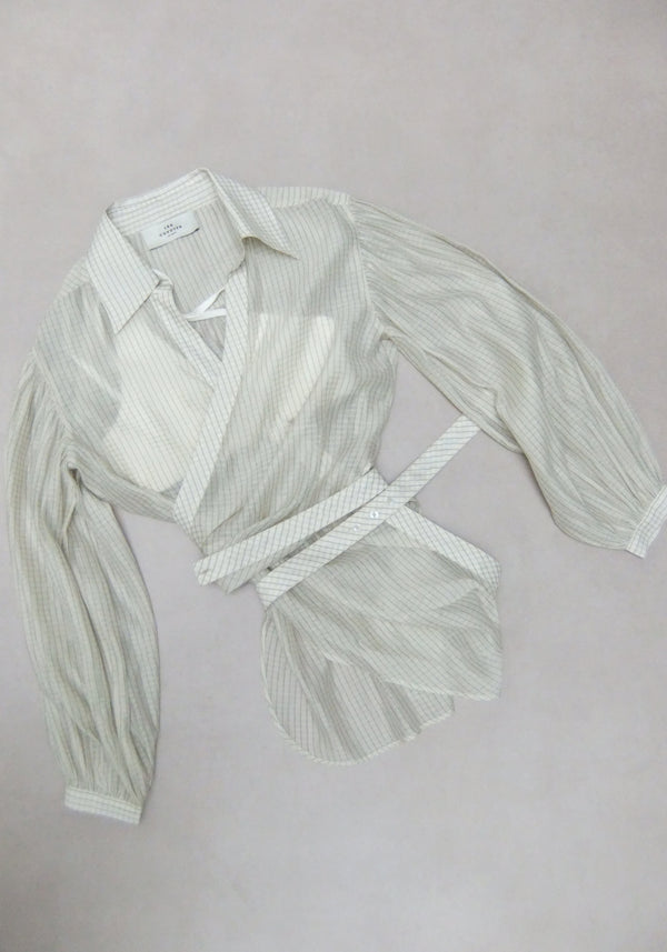 Wrap shirt with rib bra | fine off-white check