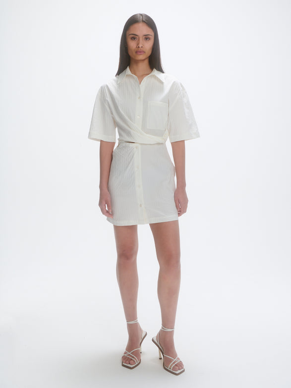 De-constructed short sleeve dress | irregular white stripe