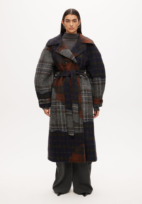 Wool trench coat | dark patchwork check