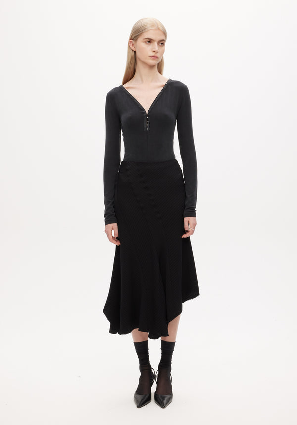 Asymmetric drape skirt | fluid pinstripe